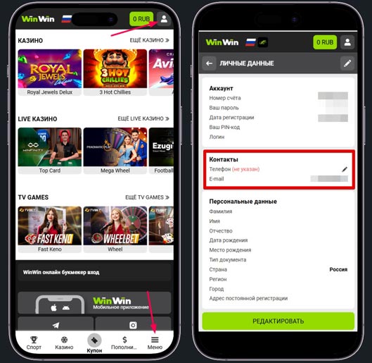 Вкладка для верификации номера телефона и email